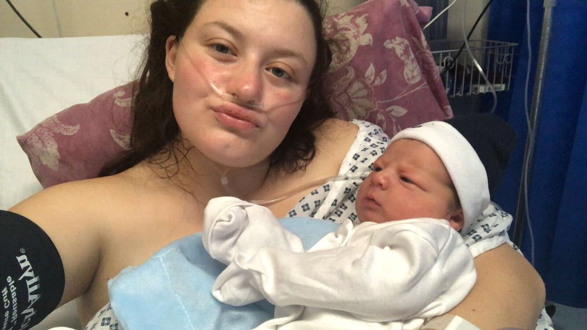 Paige Balding, 20,with son Hunter Jae just after giving birth.