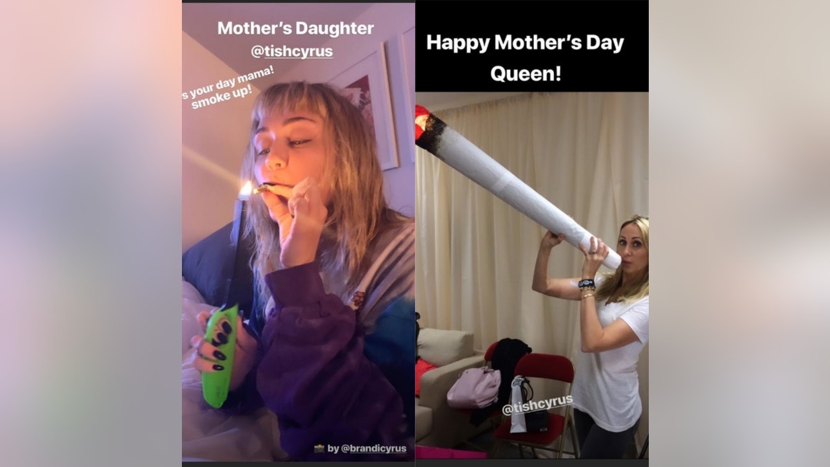 Miley Cyrus wished her mother, Tish, a happy Mother's Day with large marijuana blunts.