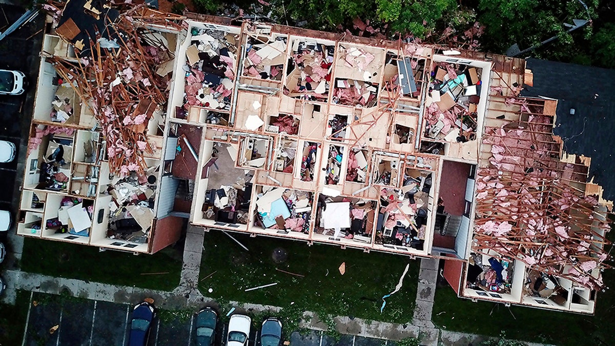 This aerial photo shows tornado damage at the Westbrooke Village Apartment complex in Trotwood, Ohio, Tuesday, May 28, 2019.