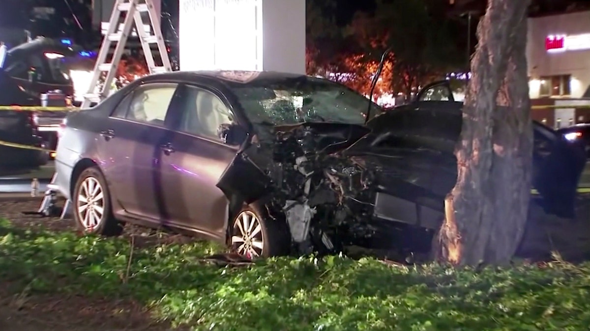 This April 23, 2019, file image from video provided by KGO-TV, shows the scene of a car crash where several pedestrians were struck and injured in Sunnyvale, Calif. (KGO-TV via AP, File)