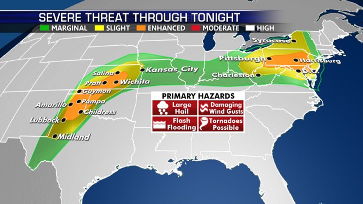The areas at most risk for severe weather on Thursday.