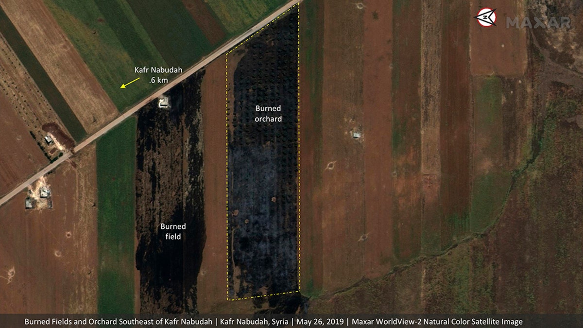 This satellite image provided by Maxar Technologies on Tuesday, May 28, 2019 shows significant damage to fields and orchards south of Kfar Nabudah, Syria, on May 26 as a result of a government offensive against the last rebel stronghold in the country.