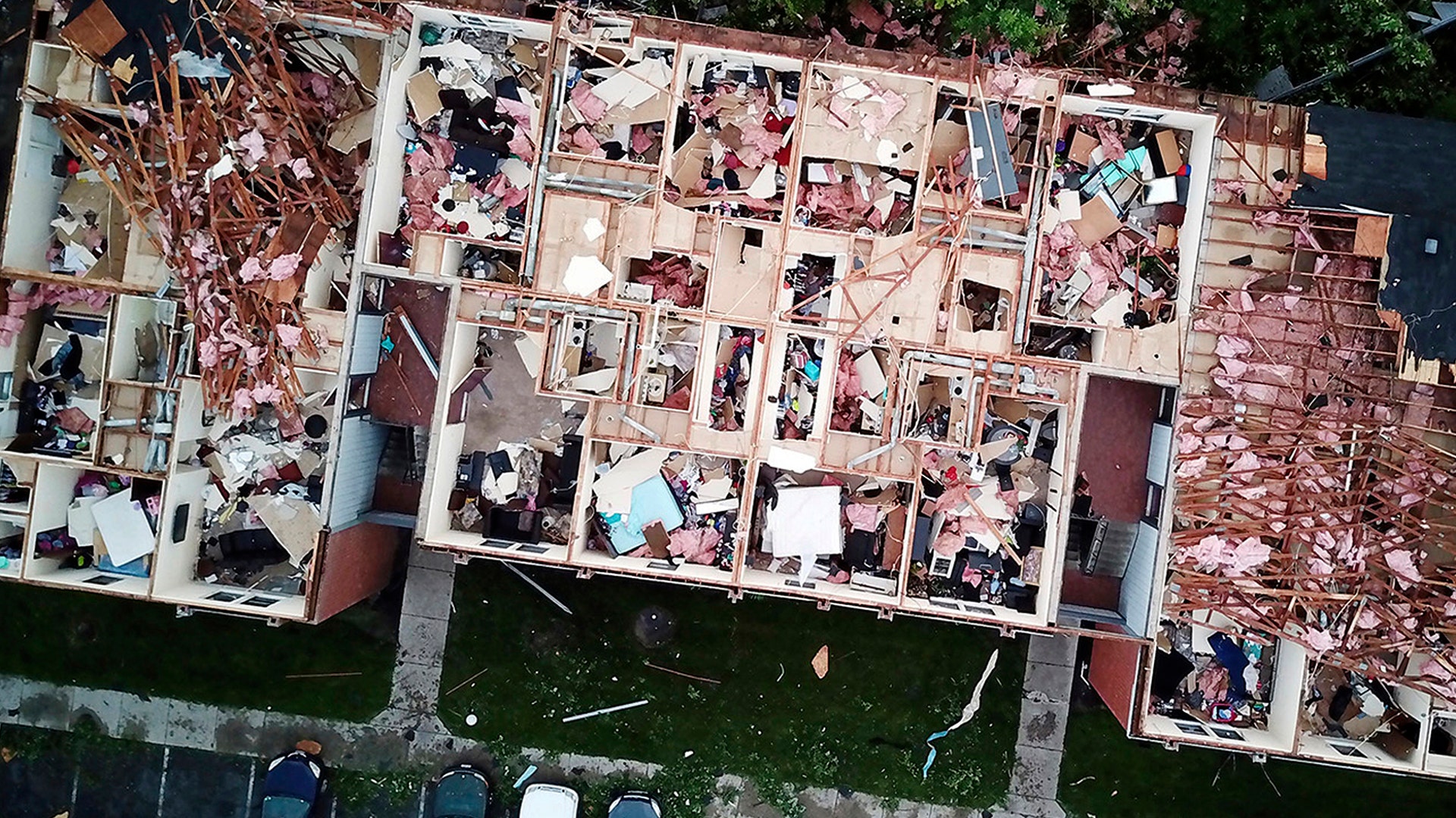 Tornado damage at the Westbrooke Village Apartment complex in Trotwood, Ohio, May 28, 2019.
