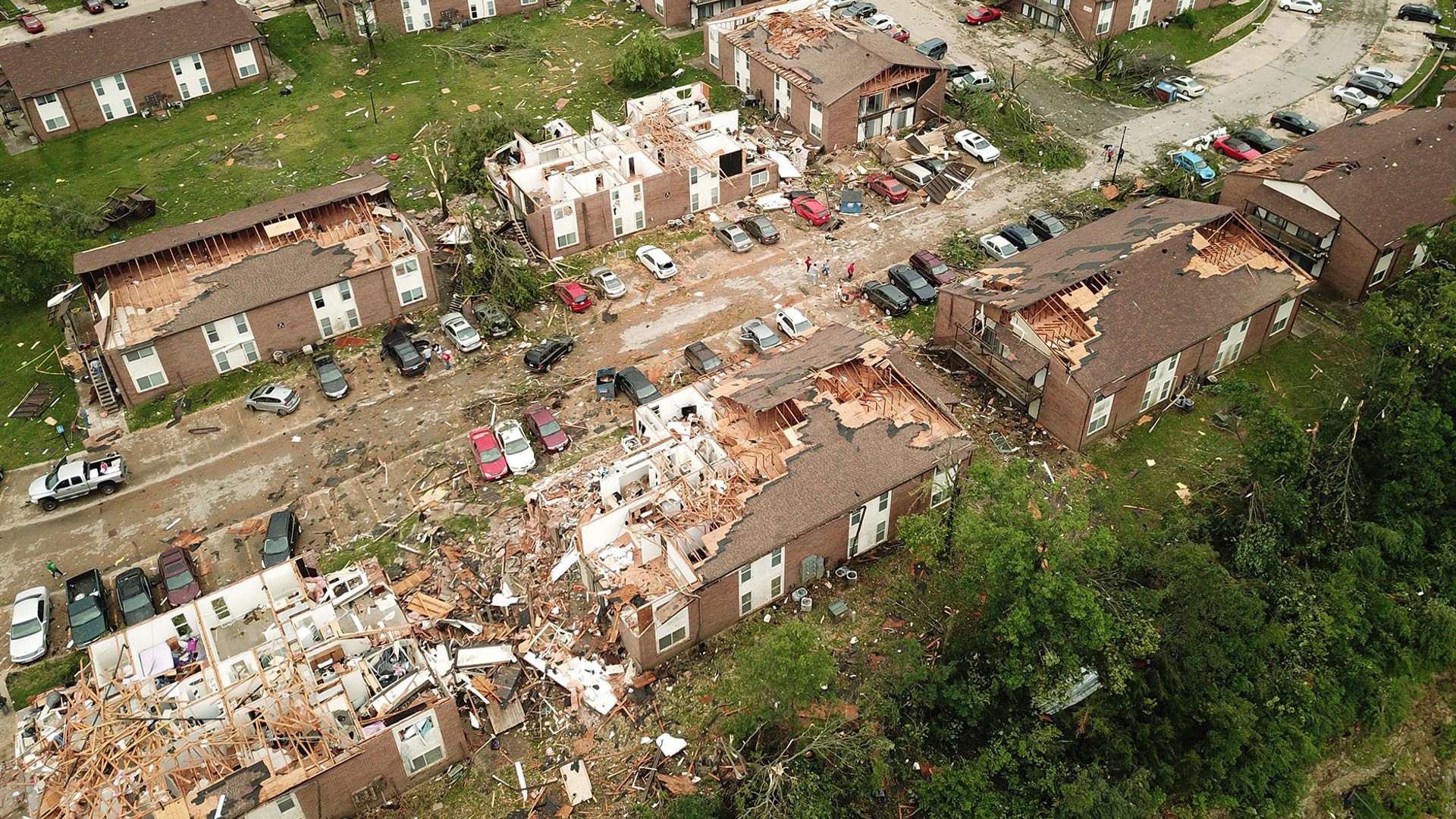 Debris from destroyed homes is shown in this aerial photo after a tornado touched down overnight in Jefferson City, Missouri, May 23, 2019.