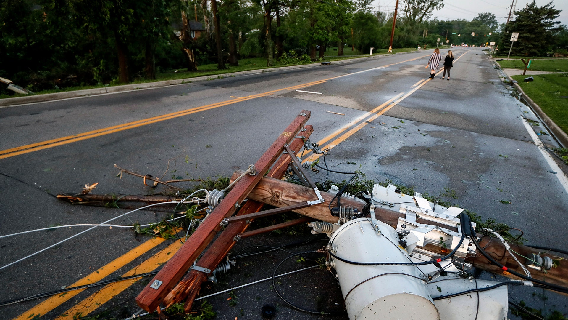 Downed power lines in a residential neighborhood in Vandalia, Ohio, May 28, 2019.