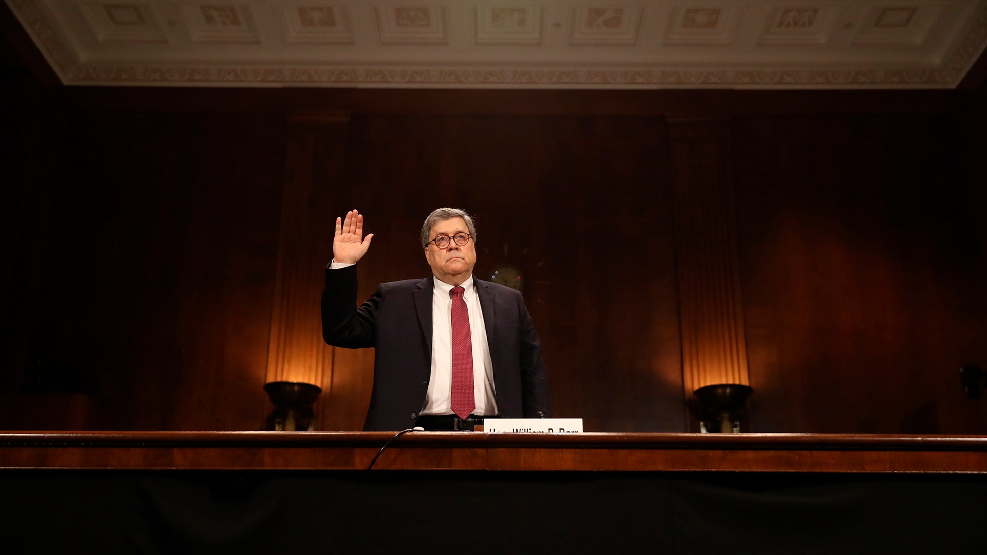Attorney General William Barr is sworn in to testify before the Senate Judiciary Committee hearing on Capitol Hill in Washington, May 1, 2019.
