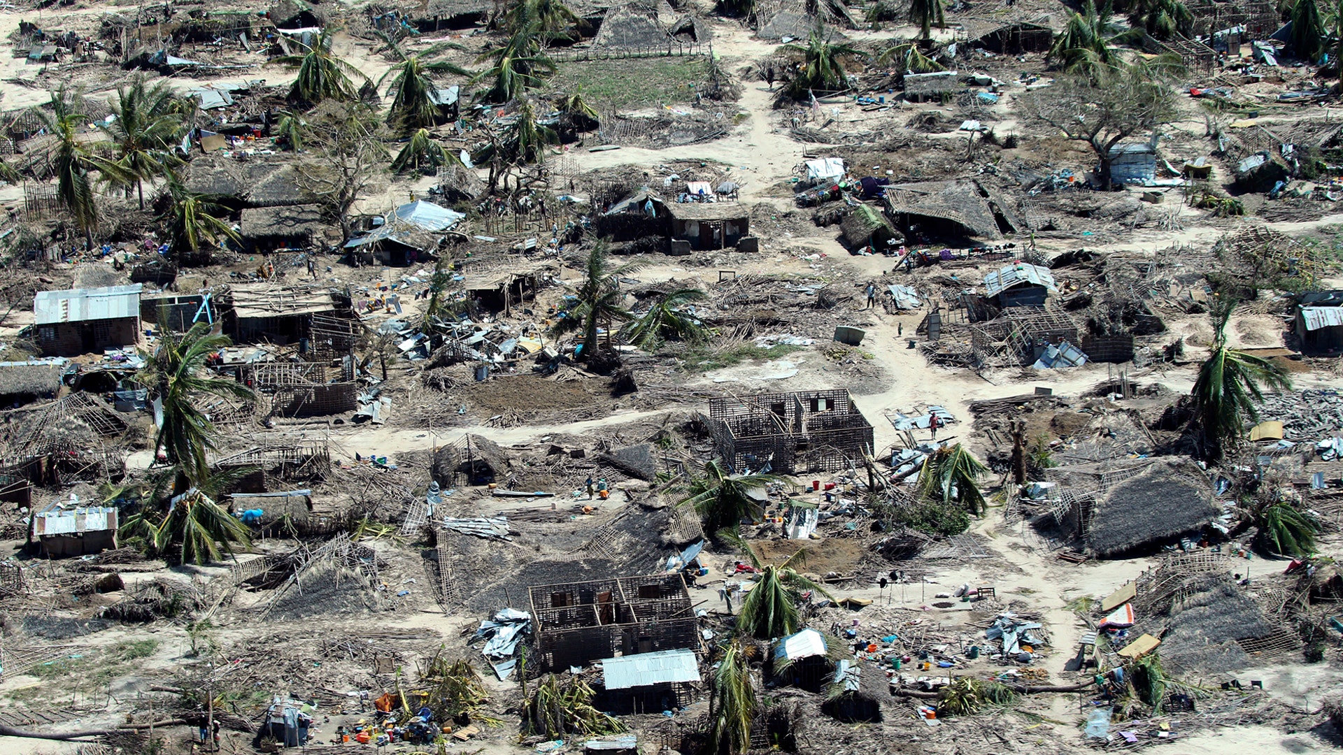 An aerial shot shows widespread destruction caused by Cyclone Kenneth when it struck Ibo Island north of Pemba city in Mozambique, May 1, 2019.