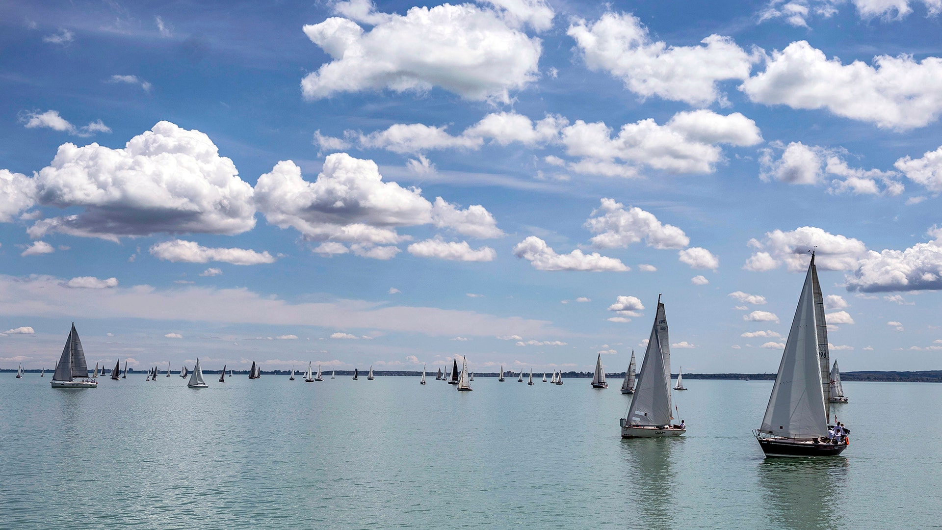 Competitors take part in the first sailboat race of the season on Lake Balaton near Balatonfured, Hungary, May 11. 2019. 