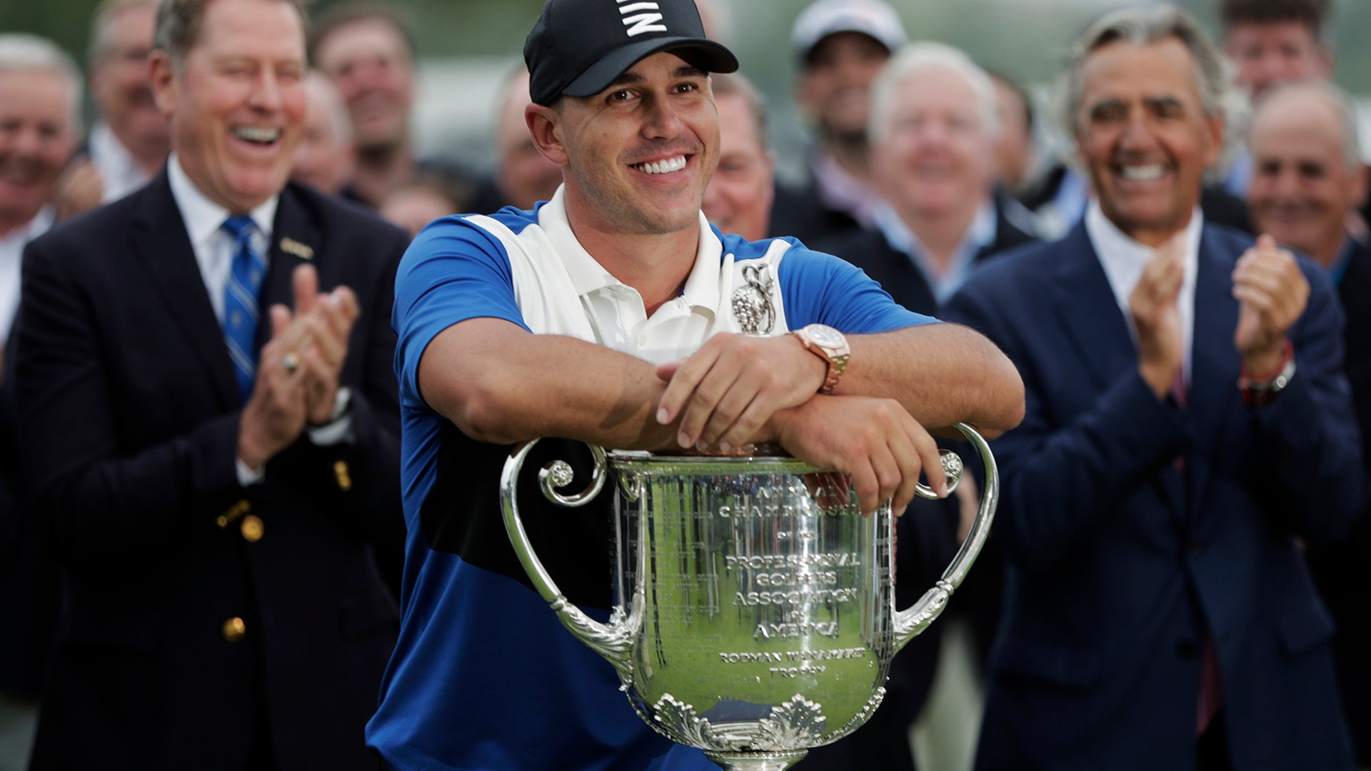 Brooks Koepka poses with the Wanamaker Trophy after winning the PGA Championship golf tournament at Bethpage Black in Farmingdale, New York, May 19, 2019.