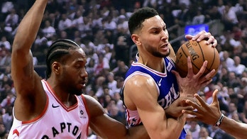 Philadelphia 76ers' Ben Simmons elbows Toronto Raptors' Kyle Lowry in the groin during Game 3