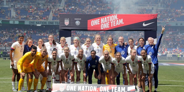 Members of the United States women's national team which is headed to the FIFA Women's World Cup, gather for fans during a send-off ceremony following an international friendly soccer match against Mexico, Sunday, May 26, 2019, in Harrison, N.J. (AP Photo/Julio Cortez)