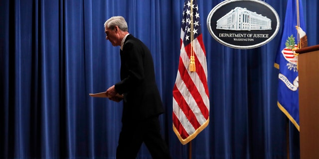 Then-Special Counsel Robert Mueller walks from the podium after speaking about the Russia investigation at the Department of Justice headquarters in Washington, May 29, 2019. (Associated Press)