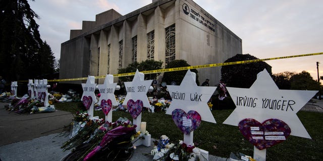 A makeshift memorial stands outside the Tree of Life Synagogue in the aftermath of a deadly shooting in Pittsburgh, Pennsylvania, on Oct. 29, 2018. Matt Rourke / AP