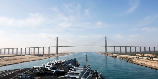 The Nimitz-class aircraft carrier USS Abraham Lincoln (CVN 72) transiting the Suez Canal.