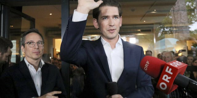Austrian Chancellor Sebastian Kurz waves to his supporters at the political headquarters of Austrian People's Party, OEVP, in Vienna, Austria, Monday, May 27, 2019. Chancellor Sebastian Kurz's center-right party recorded a big win in European elections, but he was ousted Monday following the collapse of his scandal-tainted coalition.