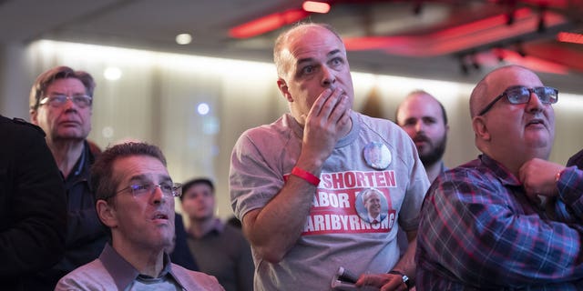 Labor party supporters watch the tally count at the Federal Labor Reception in Melbourne, Australia, Saturday, May. 18, 2019. Voting has closed in Australia's general election, with some senior opposition lawmakers confident that they will form a center-left government with a focus on slashing greenhouse gas emissions.