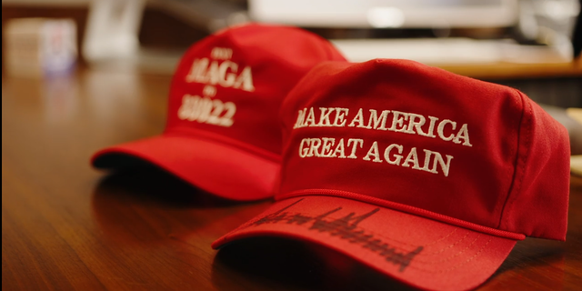 The millionth “MAGA” hat produced by the campaign since 2015. The campaign had Trump sign it, and plans to give it away as part of a contest. (Zach Trinca/Fox News).