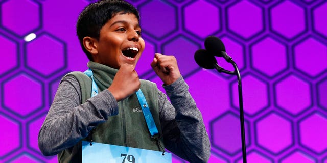 Sahil Langote, 13, of New Castle, Del., reacts after spelling a word incorrectly in the finals of the Scripps National Spelling Bee, Thursday, May 30, 2019, in Oxon Hill, Md. (Associated Press)