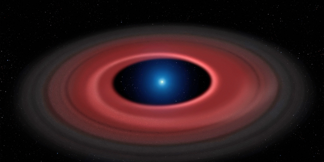 This illustration shows a ring of dust particles and debris orbiting the burnt-out stellar core called a white dwarf.