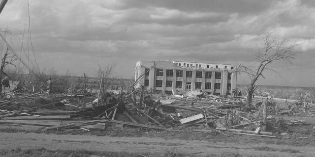 A view of the damaged Woodward County Courthouse building in Woodward, Okla. after the deadly tornado on April 9, 1947.