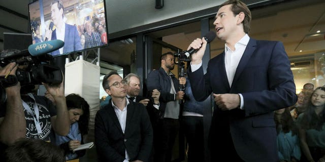 Austrian Chancellor Sebastian Kurz speaks to his supporters at the political headquarters of Austrian People's Party, OEVP, in Vienna, Austria, Monday, May 27, 2019. Chancellor Sebastian Kurz's center-right party recorded a big win in European elections, but he was ousted Monday following the collapse of his scandal-tainted coalition.