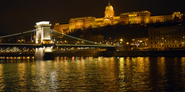 Budapest's Chain Bridge and Buda Castle from the Danube River.
