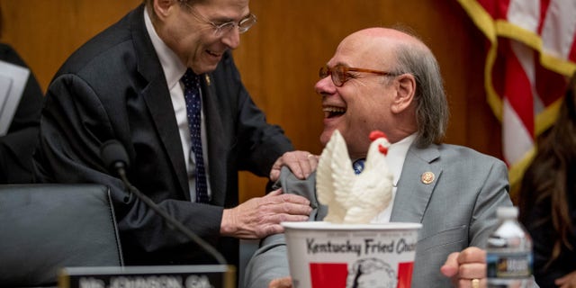 Judiciary Committee Chairman Jerrold Nadler, D-N.Y., with Rep. Steve Cohen, D-Tenn., after Cohen arrived with a bucket of fried chicken and a prop chicken.