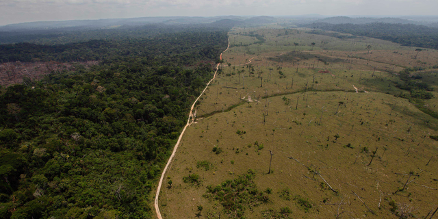 FILE - This Sept. 15, 2009 file photo shows a deforested area near Novo Progresso in Brazil's northern state of Para. The Bolsonaro administration in Brazil has cancelled a United Nations climate change workshop to be held in the city of Salvador in August 2019, reaffirming its lack of interest in participating in international efforts to fight global warming. (AP Photo/Andre Penner, File)