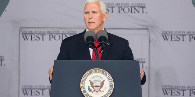 Vice President Mike Pence speaks during graduation ceremonies at the United States Military Academy, Saturday, May 25, 2019, in West Point, N.Y. (AP Photo/Julius Constantine Motal)