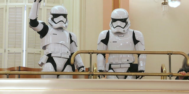 A pair of stormtroopers watch lawmakers in action from the gallery of the state Senate chambers on Thursday in Sacramento, Calif. The California Legislature voted to declare May 4 "Star Wars Day."