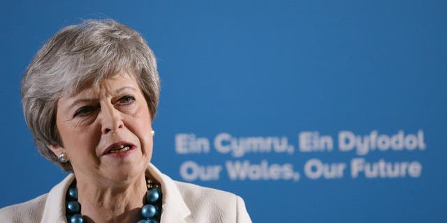 Britain's Prime Minister Theresa May speaks at the Welsh Conservative party conference at Llangollen Pavilion, Llangollen, Wales, Friday May 3, 2019. Britain's main Conservative and Labour parties took a hammering in local elections as Brexit-weary voters expressed frustration over the country's stalled departure from the European Union