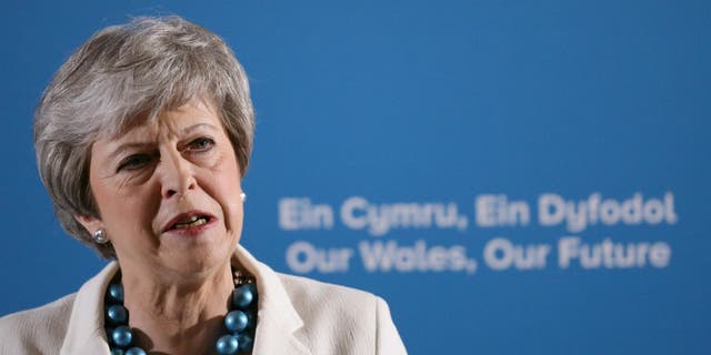 Britain's Prime Minister Theresa May speaks at the Welsh Conservative party conference at Llangollen Pavilion, Llangollen, Wales, Friday May 3, 2019. Britain's main Conservative and Labour parties took a hammering in local elections as Brexit-weary voters expressed frustration over the country's stalled departure from the European Union
