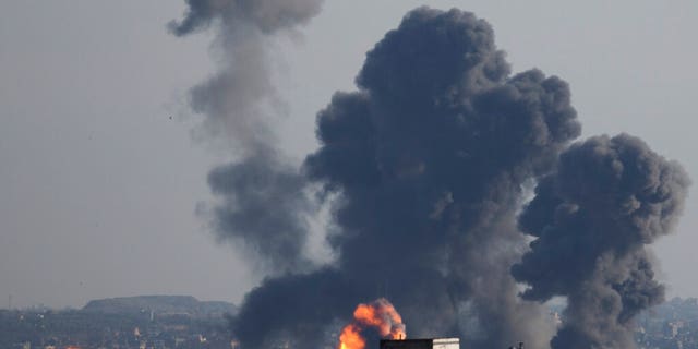 Israeli airstrike hits Gaza City, Saturday, May 4, 2019. Palestinian militants in the Gaza Strip fired at least 90 rockets into southern Israel on Saturday, according to the Israeli military, triggering retaliatory airstrikes and tank fire against militant targets in the blockaded enclave and shattering a month-long lull in violence.