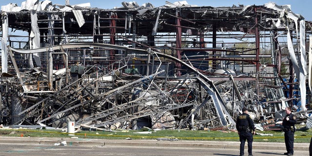 Emergency personnel work at the scene of an explosion at AB Specialty Silicones on Sunset Ave. and Northwestern Ave. on the border between Gurnee, Ill., and Waukegan on Saturday, May 4, 2019. The explosion happened Friday night. (Associated Press)