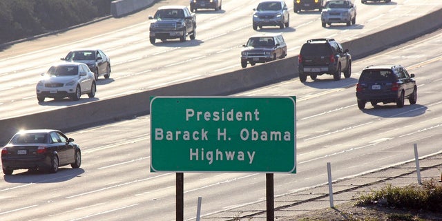 In this Thursday Dec. 20, 2018, file photo, signs have gone up naming a section of a Los Angeles-area freeway as the President Barack H. Obama Highway, seen from Pasadena, Calif. (Associated Press)