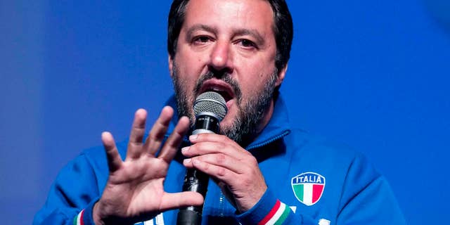 Italian Deputy Premier and Interior Minister, Matteo Salvini, addresses a rally in Rome, Sunday, May 5, 2019. (Angelo Carconi/ANSA via AP)