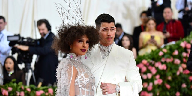 Priyanka Chopra, left, and Nick Jonas attend The Metropolitan Museum of Art's Costume Institute benefit gala celebrating the opening of the "Camp: Notes on Fashion" exhibition on Monday, May 6, 2019, in New York. (AP)