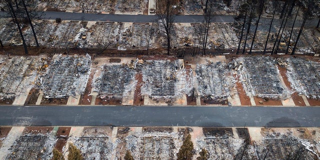 This Dec. 3 photo shows homes leveled by the Camp Fire line the Ridgewood Mobile Home Park retirement community in Paradise, Calif. (AP Photo/Noah Berger, File)