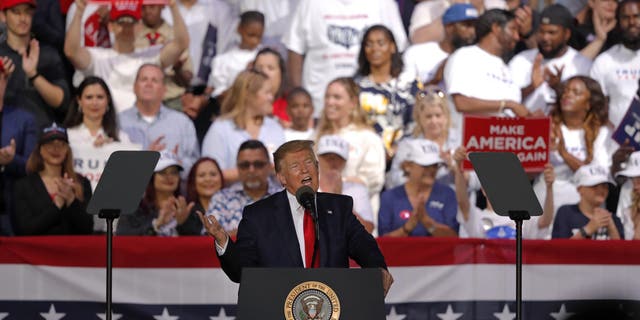 President Trump speaks at a rally in Panama City Beach, Fla., Wednesday, May 8, 2019. (AP Photo/Gerald Herbert)