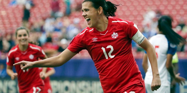FILE - In this Oct. 14, 2018, file photo, Canada forward Christine Sinclair celebrates after scoring a goal in the second half of a soccer match at the CONCACAF women's World Cup qualifying tournament against Panama in Frisco, Texas. (AP Photo/Andy Jacobsohn, File)