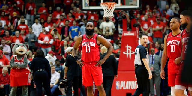 Houston Rockets guard James Harden (13) stands on the court during the final seconds of Game 6 of the team's second-round NBA basketball playoff series against the Golden State Warriors, Friday, May 10, 2019, in Houston. (AP Photo/Eric Gay)