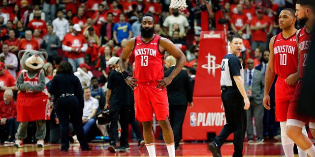 Houston Rockets guard James Harden (13) stands on the court during the final seconds of Game 6 of the team's second-round NBA basketball playoff series against the Golden State Warriors, Friday, May 10, 2019, in Houston. (AP Photo/Eric Gay)