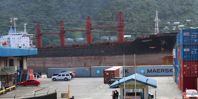 A view from the top of a two story building in Fagatogo village overlooking the Port of Pago Pago, as the North Korean cargo ship, Wise Honest, docks at the main docking section of Pago Pago Harbor, Saturday, May 11, 2019, in Pago Pago, American Samoa.