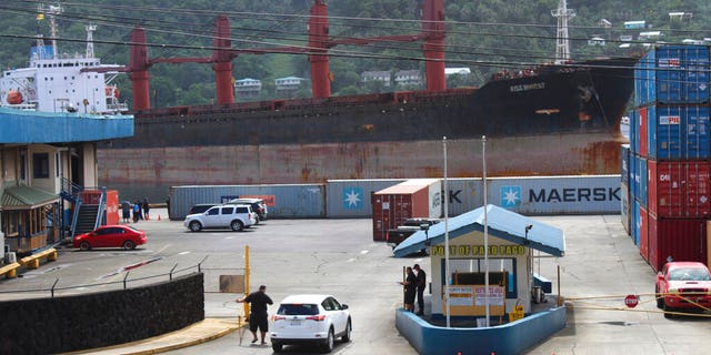 A view from the top of a two story building in Fagatogo village overlooking the Port of Pago Pago, as the North Korean cargo ship, Wise Honest, docks at the main docking section of Pago Pago Harbor, Saturday, May 11, 2019, in Pago Pago, American Samoa.