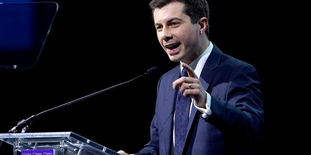 Democratic presidential candidate Pete Buttigieg speaks during the Human Rights Campaign's 14th Annual Las Vegas Gala at Caesars Palace in Las Vegas, Saturday, May 11, 2019. (Steve Marcus/Las Vegas Sun via AP)