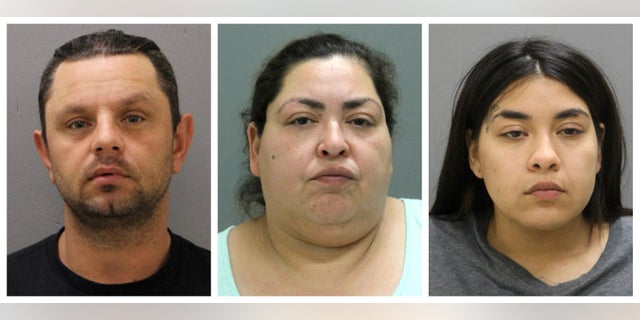 This combination of booking photos provided by the Chicago Police Department on Thursday, May 16, 2019 shows from left, Pioter Bobak, 40; Clarisa Figueroa, 46; and Desiree Figueroa, 24. Charges against them come three weeks after 19-year-old Marlen Ochoa-Lopez disappeared and a day after her body was discovered in a garbage can in the backyard of Clarissa Figueroa's home in Chicago's Southwest Side. Police said the teenager was strangled and her baby cut from her body. (Chicago Police Department via AP)