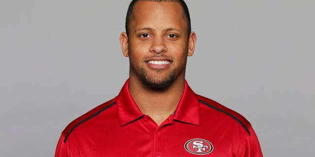 Keanon Lowe of the San Francisco 49ers NFL football team. Lowe, a former analyst for the 49ers and wide receiver at the University of Oregon, subdued a person with a gun who appeared on a Portland, Oregon high school campus Friday. Lowe is now a coach at Parkrose High School. (AP Photo/File)