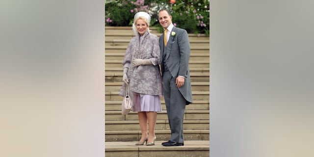 Princess Michael of Kent and Frederick Windsor arrive for the wedding of Lady Gabriella Windsor and Thomas Kingston at St George's Chapel, Windsor Castle, near London, England, Saturday, May 18, 2019. (Chris Jackson/Pool via AP)