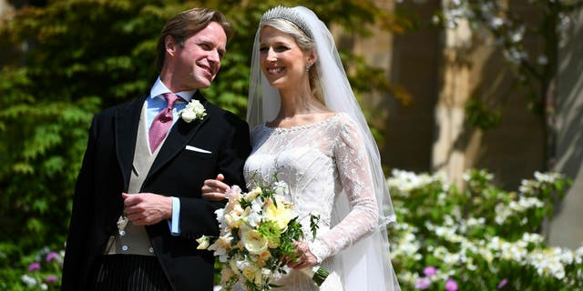 Newlyweds Thomas Kingston and Lady Gabriella Windsor on the steps of the chapel after their wedding at St George's Chapel, Windsor Castle, near London, England, Saturday, May 18, 2019. (Victoria Jones/Pool via AP)