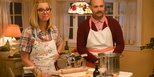 Lisa Kudrow, left, and Will Forte in a scene from the film "Booksmart," directed by Olivia Wilde.